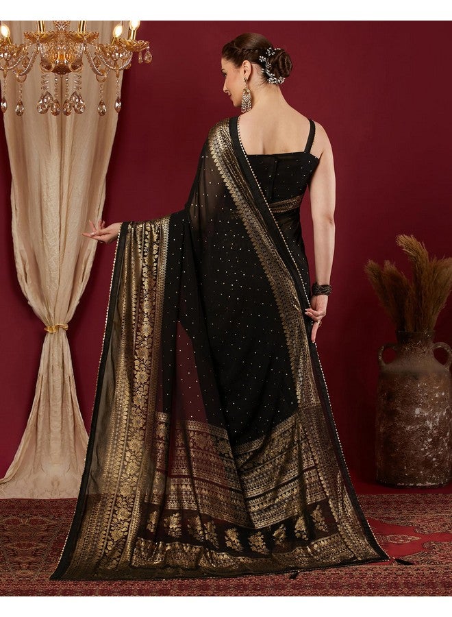 SIRIL Women's Georgette Foil Printed Saree with Unstitched Blouse Piece (4402S3152_Black) - Image 3