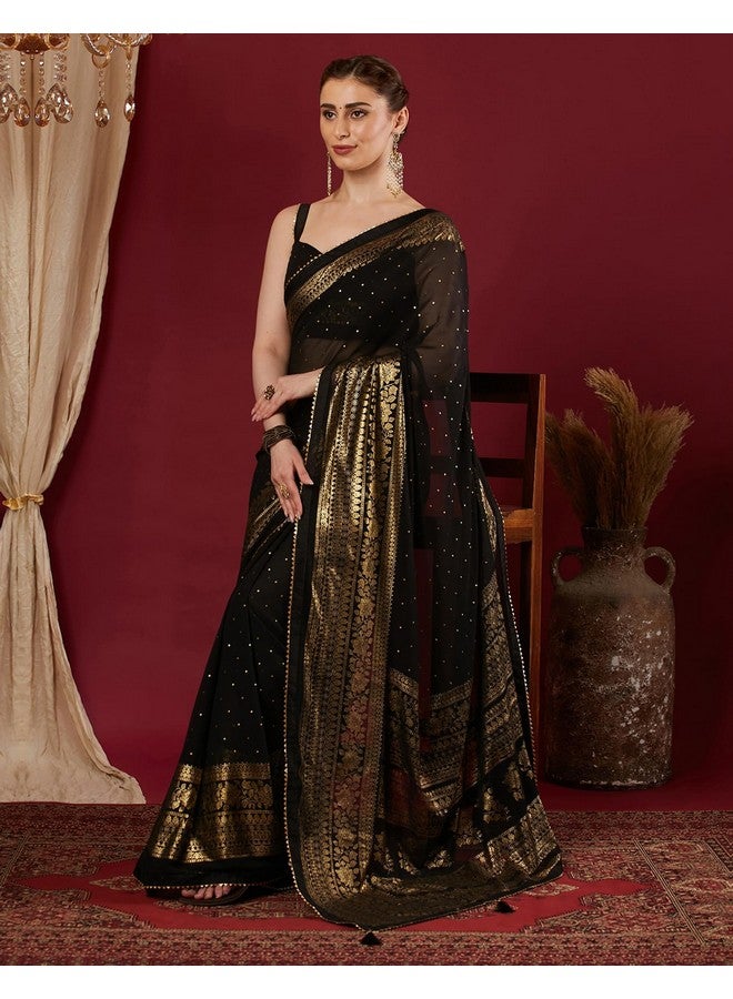 SIRIL Women's Georgette Foil Printed Saree with Unstitched Blouse Piece (4402S3152_Black) - Image 2
