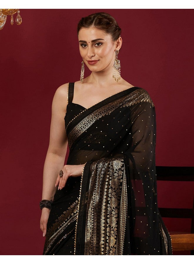 SIRIL Women's Georgette Foil Printed Saree with Unstitched Blouse Piece (4402S3152_Black) - Image 5