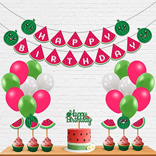 Festiko® Watermelon Theme Birthday Party Supplies and Decorations Items for Baby Boys/girls/Kids Supplies-6months/1st/One/(Happy Birthday Banner,Balloons,Cake Toppers,Cup Cake Topper, Ribbons)- 28 Pcs - Image 1