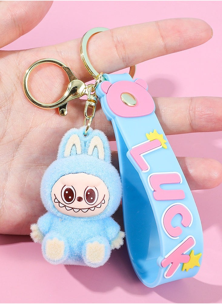 LABUBU LABUBU Dress-Up Series Keychain – Cute Bucktooth Cartoon Pendant – Collectible Toy for Bag & Car Decoration（Flocked Sitting Pose – Ver. 4） 
