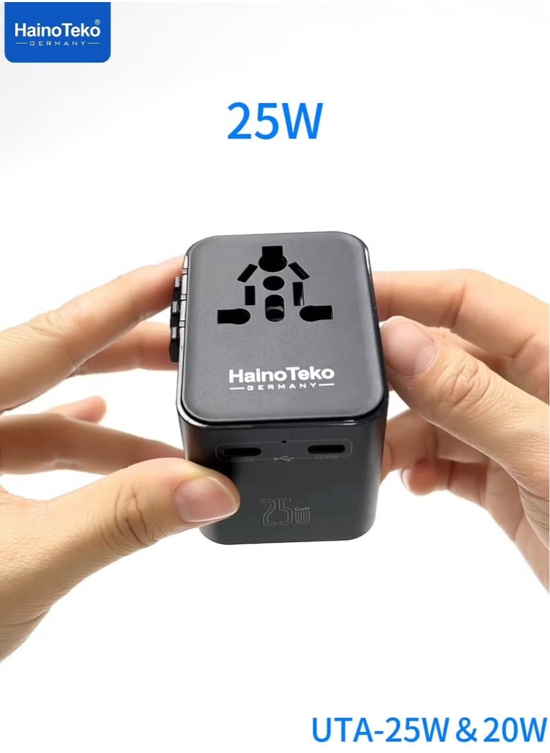 Haino Teko UTA-25W Universal Travel Adapter, 25W Fast Charging with Multi-Region Compatibility, Multiple Output Options (USB-A, USB-C), Compact & Portable – Black - Image 2
