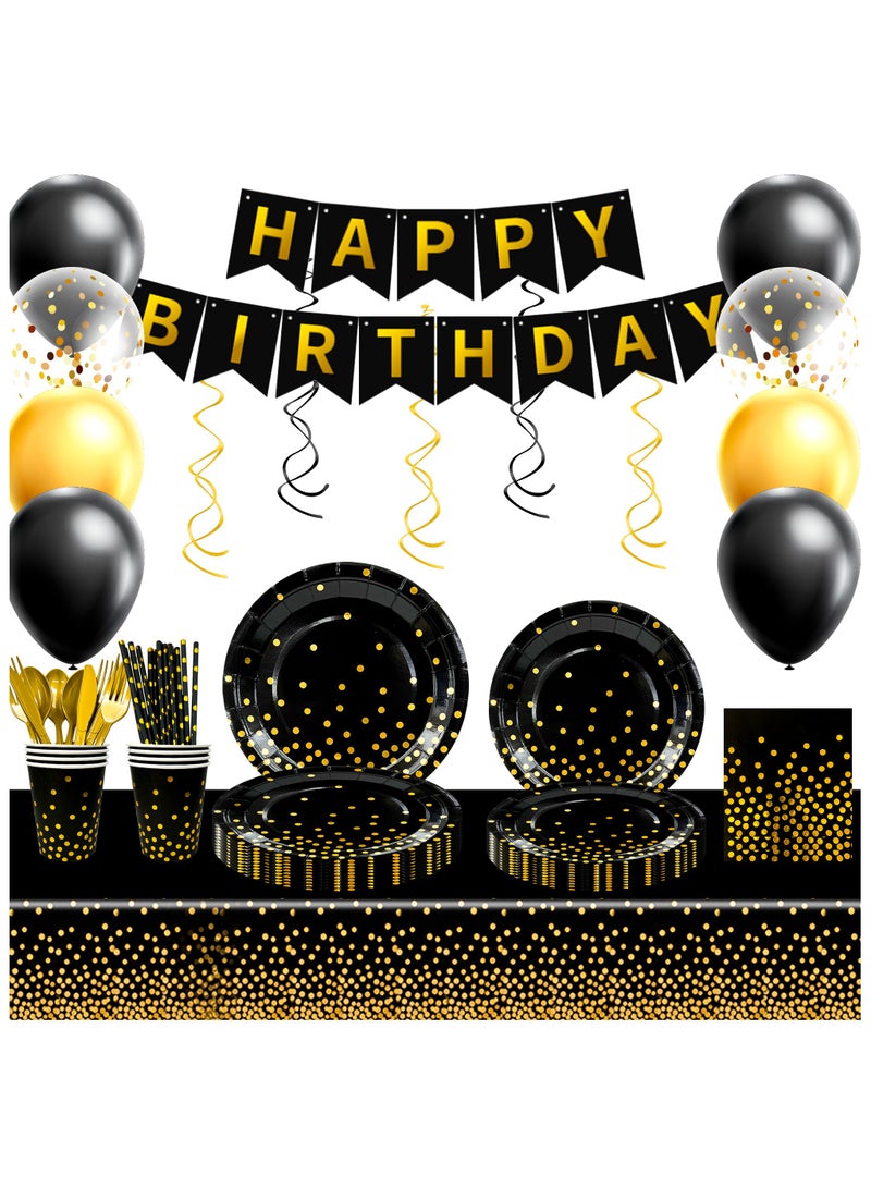 حفلة مثمرة أدوات مائدة حفلات باللونين الأسود والذهبي لـ 16 ضيفًا، طقم أدوات مائدة أسود منقط ذهبي مكون من 148 قطعة - مفرش مائدة أسود وذهبي أطباق ورقية وأكواب وغيرها زينة حفلات باللونين الأسود والذهبي - Image 1