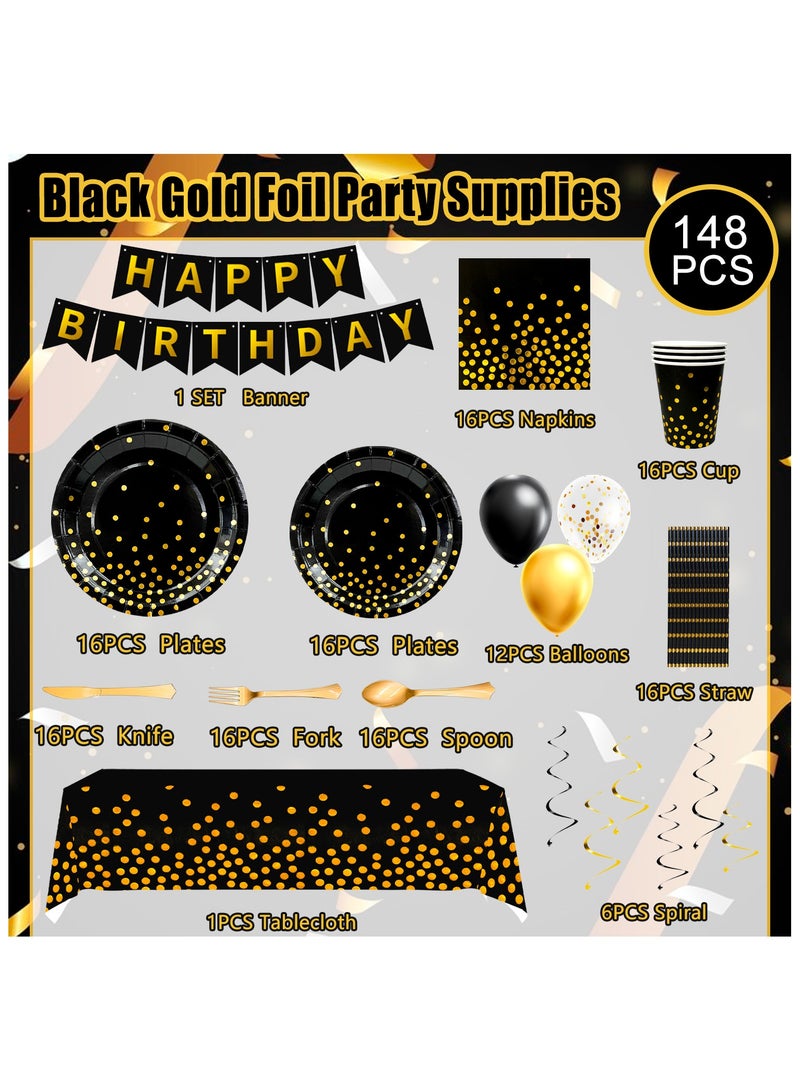 حفلة مثمرة أدوات مائدة حفلات باللونين الأسود والذهبي لـ 16 ضيفًا، طقم أدوات مائدة أسود منقط ذهبي مكون من 148 قطعة - مفرش مائدة أسود وذهبي أطباق ورقية وأكواب وغيرها زينة حفلات باللونين الأسود والذهبي - Image 2