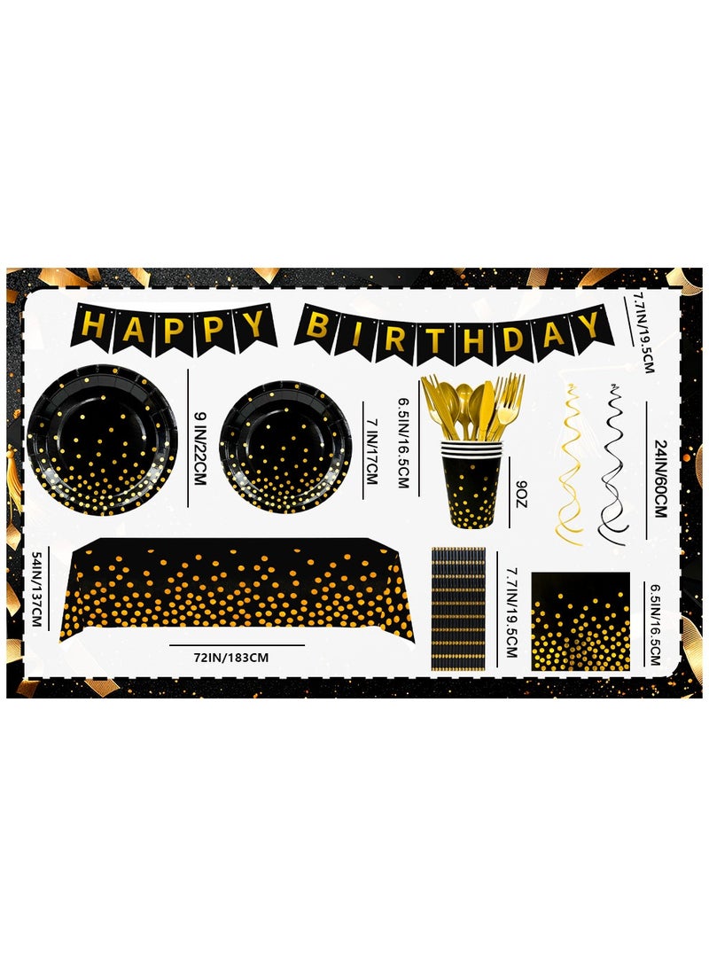حفلة مثمرة أدوات مائدة حفلات باللونين الأسود والذهبي لـ 16 ضيفًا، طقم أدوات مائدة أسود منقط ذهبي مكون من 148 قطعة - مفرش مائدة أسود وذهبي أطباق ورقية وأكواب وغيرها زينة حفلات باللونين الأسود والذهبي - Image 3