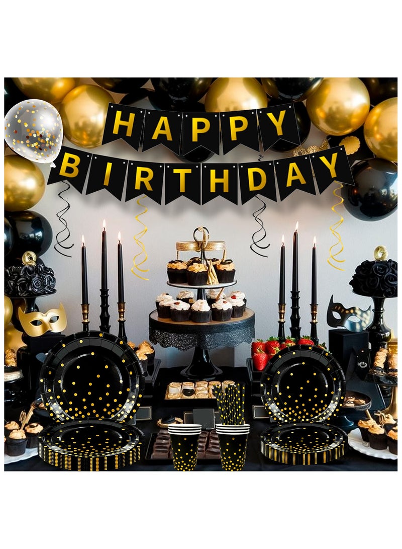 حفلة مثمرة أدوات مائدة حفلات باللونين الأسود والذهبي لـ 16 ضيفًا، طقم أدوات مائدة أسود منقط ذهبي مكون من 148 قطعة - مفرش مائدة أسود وذهبي أطباق ورقية وأكواب وغيرها زينة حفلات باللونين الأسود والذهبي - Image 4