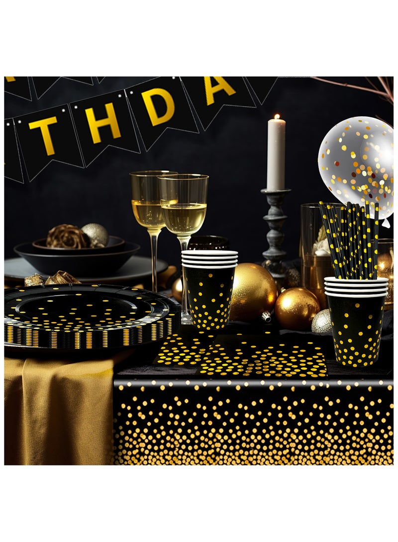 حفلة مثمرة أدوات مائدة حفلات باللونين الأسود والذهبي لـ 16 ضيفًا، طقم أدوات مائدة أسود منقط ذهبي مكون من 148 قطعة - مفرش مائدة أسود وذهبي أطباق ورقية وأكواب وغيرها زينة حفلات باللونين الأسود والذهبي - Image 5