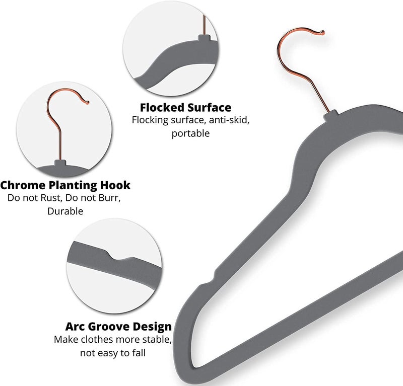 Ash  Roh Ash & Roh Velvet Hanger Swivel Rose Gold Hooks, Stronger Than Standard Velvet Hangers Space Saving Velvet Hanger (Grey, Pack of - 20) - Image 4