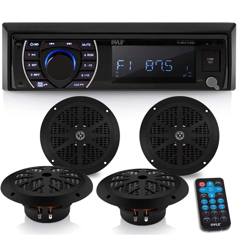 مجموعة وحدة استقبال سماعات Pyle Marine Head Unit InDash LCD Digital Stereo Builtin Bluetooth Microphone مع نظام راديو AM FM 65 سماعات مقاومة للماء 4 قارئات MP3SD جهاز تحكم عن بعد PLMRKT48BK