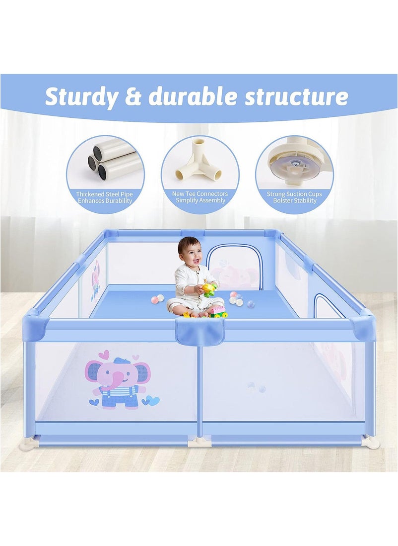 Lovely Baby Baby Playpen with Gate Sturdy Safety Play Yard Indoor Playard for Kids with Soft Breathable Mesh and Anti-Slip Base Blue  - Image 4