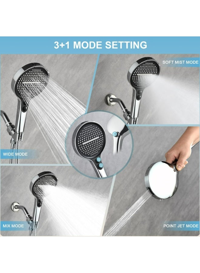 رأس دش يدوي عالي الضغط، 4 أوضاع رش، إيقاف المياه بلمسة واحدة، رأس دش كبير مقاس 5.3 بوصة مع خرطوم وحامل - Image 2