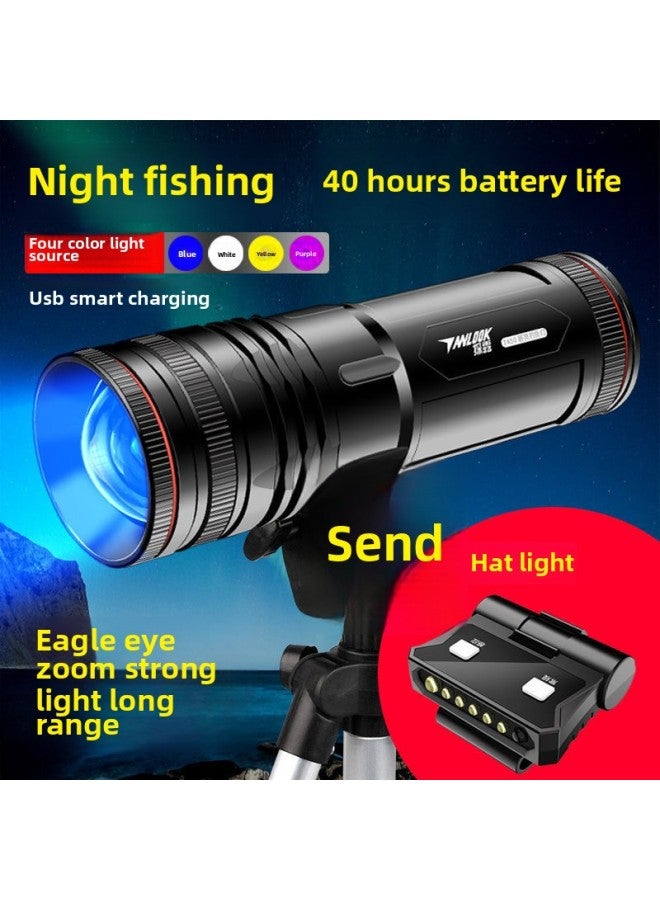 Night Fishing Lamp Fishing Lamp Purple Light Table Fishing Light High-power Bait Charging Blue Light Flashlight Luminous-Color:60 Hours - Four Light Sources  Night Fishing Light + Charging Cable + Cap Light + Fishing Box Bracket  - Image 2
