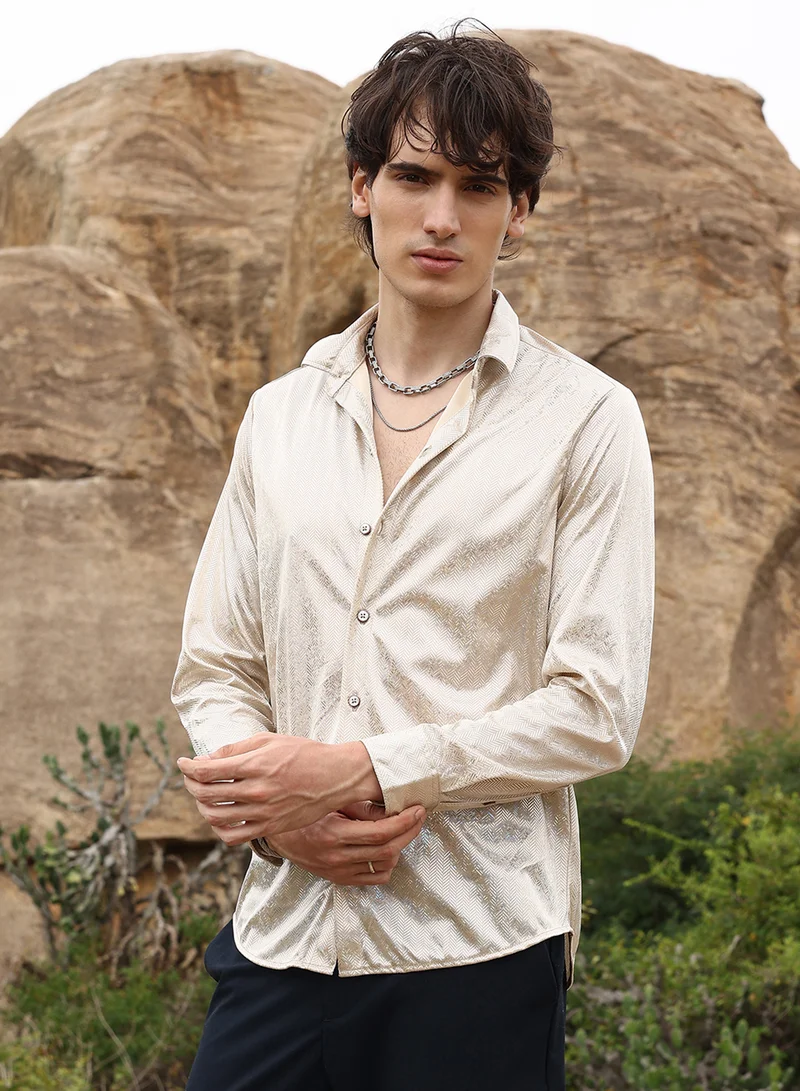 Campus Sutra Men's Metallic Beige Sheen Chevron Shirt