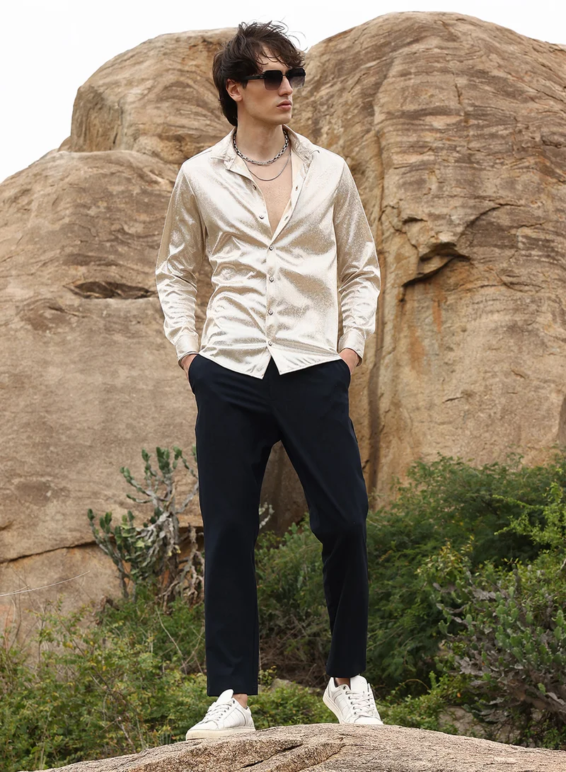 Campus Sutra Men's Metallic Beige Sheen Chevron Shirt