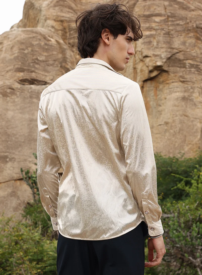 Campus Sutra Men's Metallic Beige Sheen Chevron Shirt