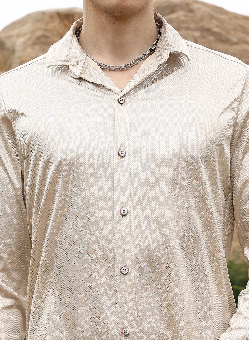 Campus Sutra Men's Metallic Beige Sheen Chevron Shirt