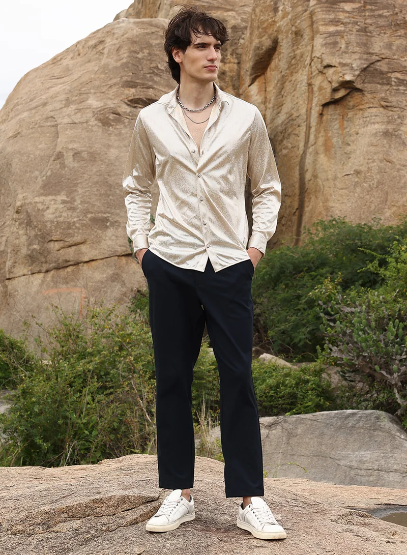 Campus Sutra Men's Metallic Beige Sheen Chevron Shirt