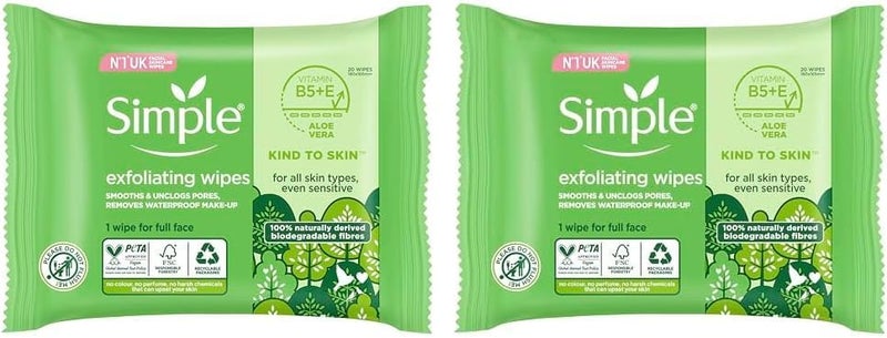 Simple biodegradable Exfoliating Face Wipes cleansing wipes to smooth skin and unclog pores for sensitive skin 20 pc Pack of 2