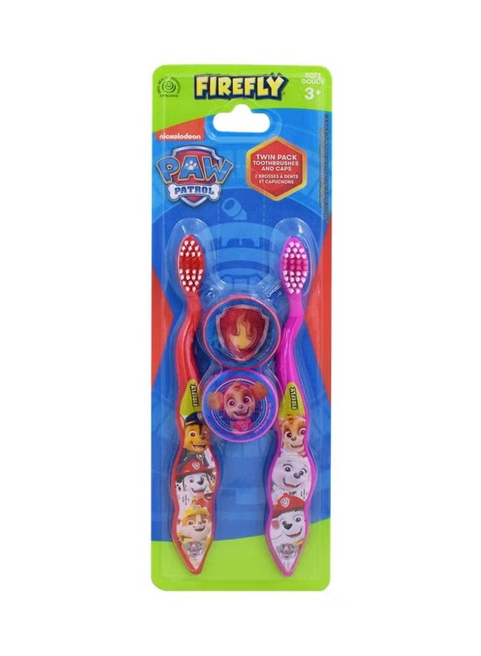 Firefly Paw Patrol 2 Toothbrushes And 2 Caps Twin Pack For 3+ Year Kids