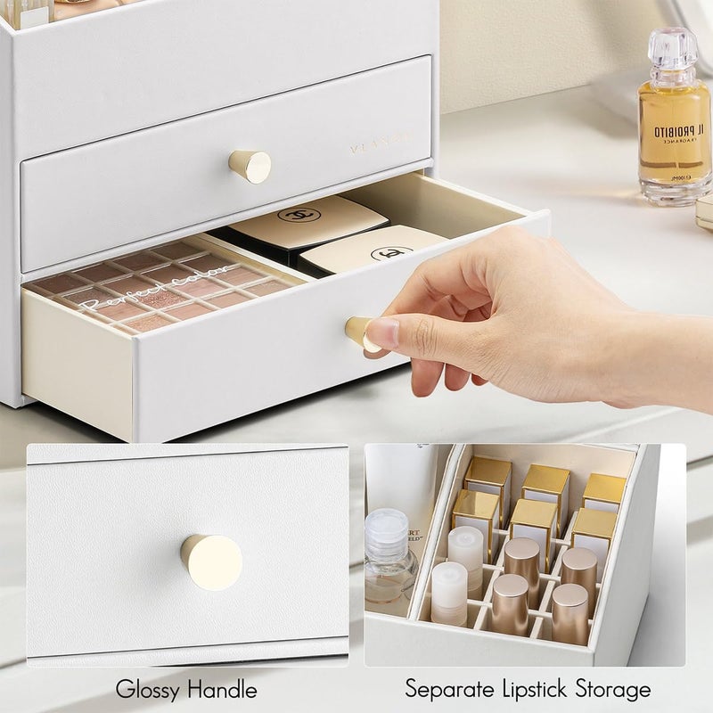Vlando Makeup Organizer for Vanity - PU Leather Skin Care Storage for Lipstick,Brushes,Perfumes - Large Capacity Bathroom Counter Organizer with Drawers - White - Image 5