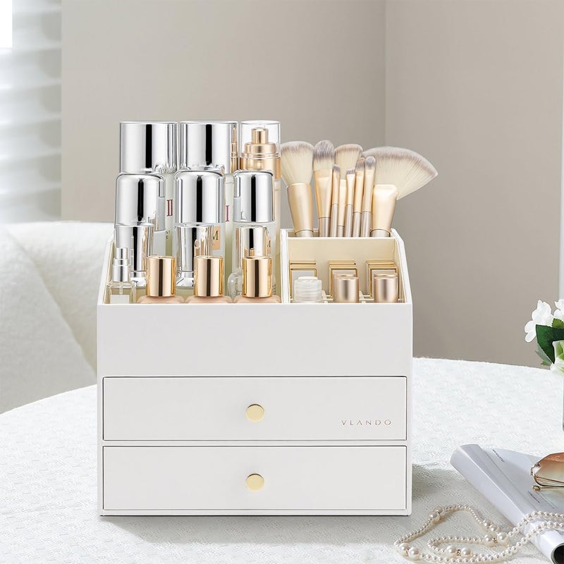 Vlando Makeup Organizer for Vanity - PU Leather Skin Care Storage for Lipstick,Brushes,Perfumes - Large Capacity Bathroom Counter Organizer with Drawers - White - Image 2