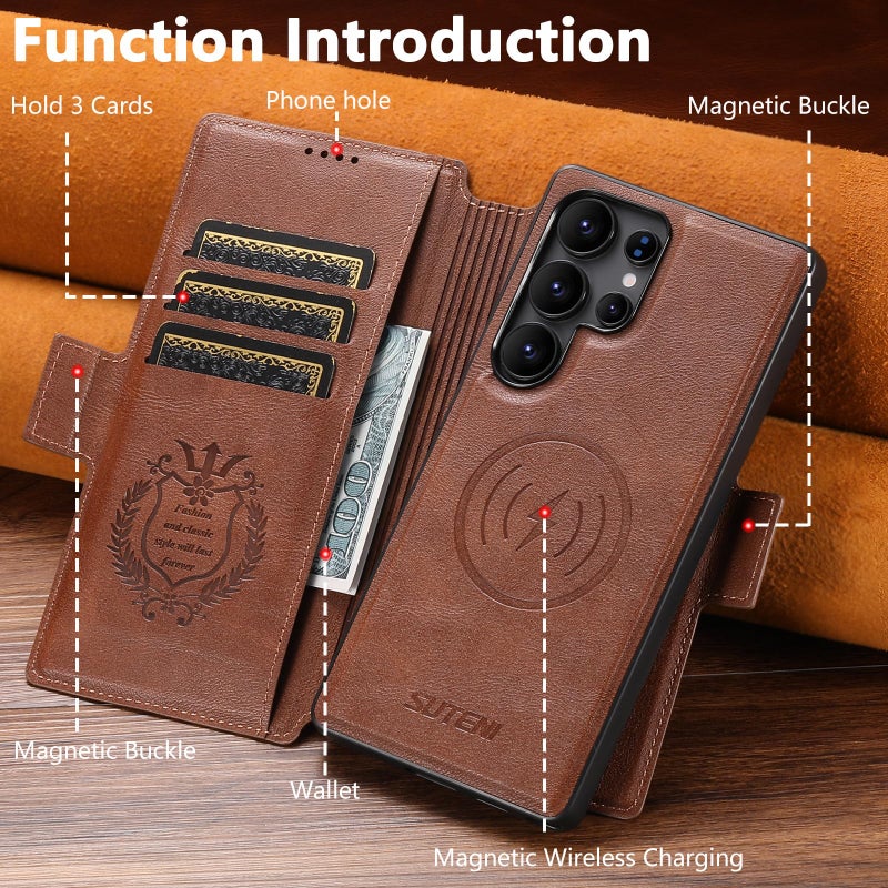 SINIANL for Samsung Galaxy S26 Ultra Leather Wallet Case Compatible with MagSafe Wireless Charging, Detachable Leather Cover with Card Slots Holder, Kickstand, Magnetic for Galaxy S26 Ultra Brown - Image 4