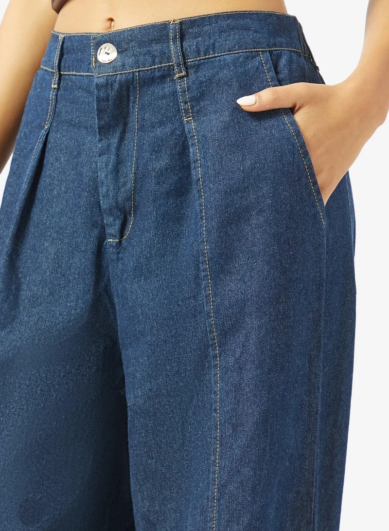 Ginger  Mid Rise Wide Fit Jeans with Pleat Detail for Women | Best Price UAE