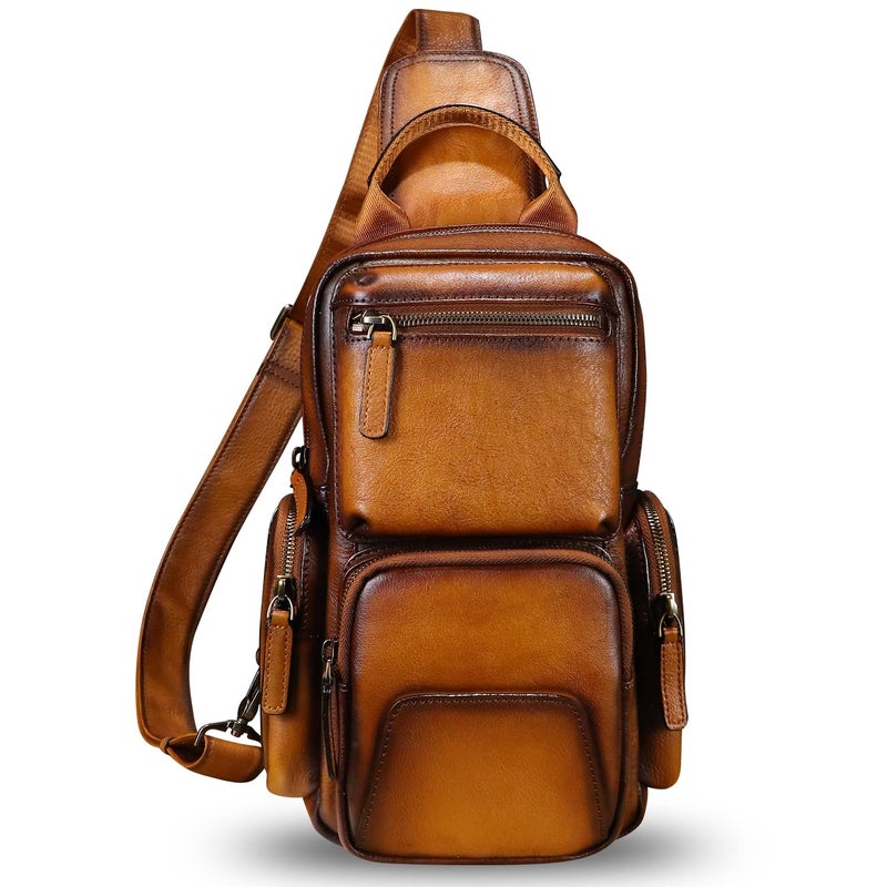 IVTG Genuine Leather Sling Bag Crossbody Casual Hiking Daypack Vintage Handmade Chest Bag Shoulder Backpack Motorcycle Pack (Brown) - Image 2