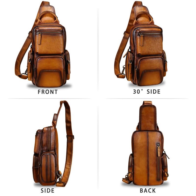 IVTG Genuine Leather Sling Bag Crossbody Casual Hiking Daypack Vintage Handmade Chest Bag Shoulder Backpack Motorcycle Pack (Brown) - Image 5