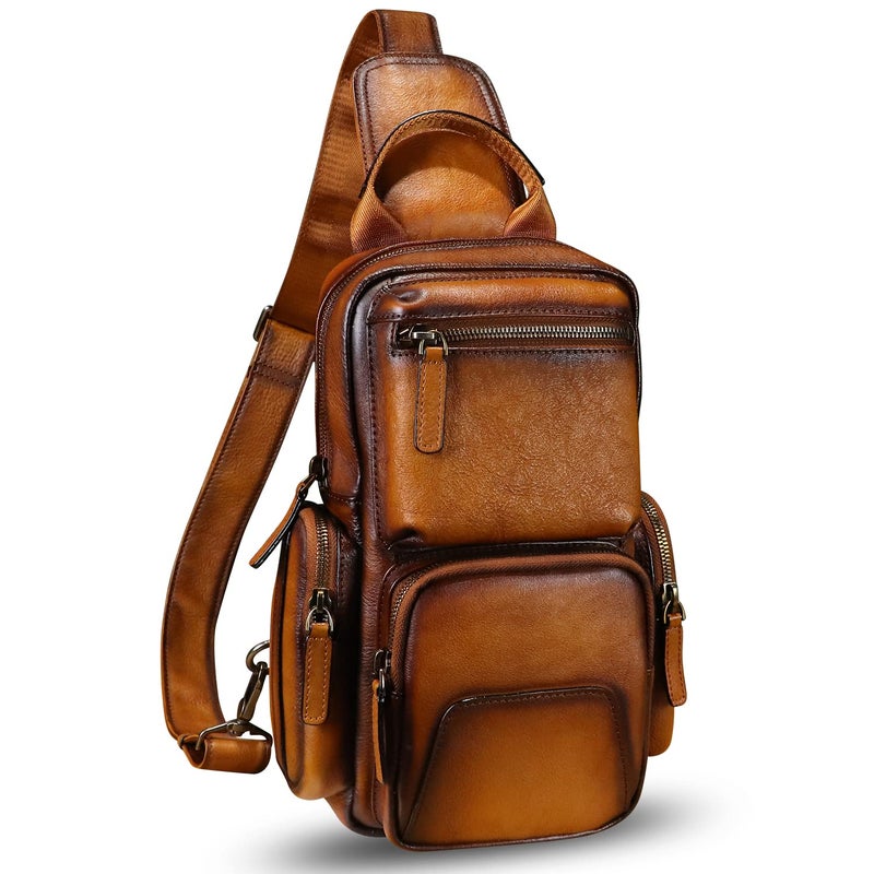 IVTG Genuine Leather Sling Bag Crossbody Casual Hiking Daypack Vintage Handmade Chest Bag Shoulder Backpack Motorcycle Pack (Brown) - Image 1