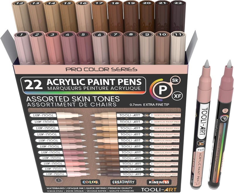 TOOLI-ART Acrylic Paint Pens 22 Different Skin Tones Pro Color Series Marker Set 0.7mm Extra Fine Tip for Rock Painting Glass Wood Metal Canvas Non Toxic Water Based Quick Dry - Image 1