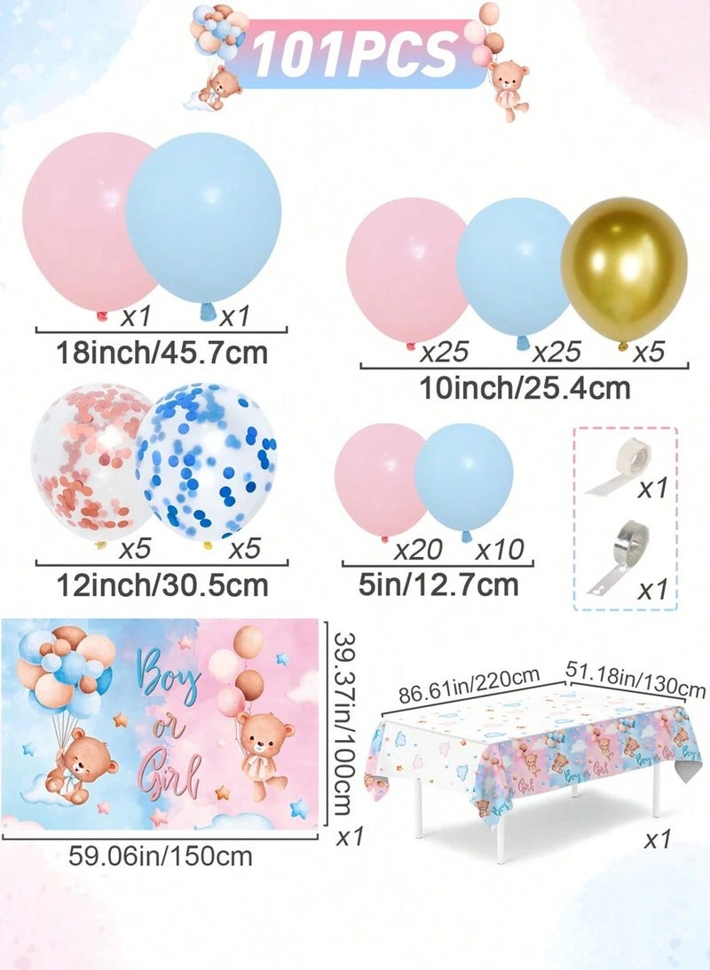 مجموعة بالونات وديكور  لحفلات الكشف عن جنس المولود 101 قطعة تتضمن مفرش طاولة وخلفية باللونين الازرق والوردي  لتزيين حفلات الكشف عن جنس المولود - Image 5