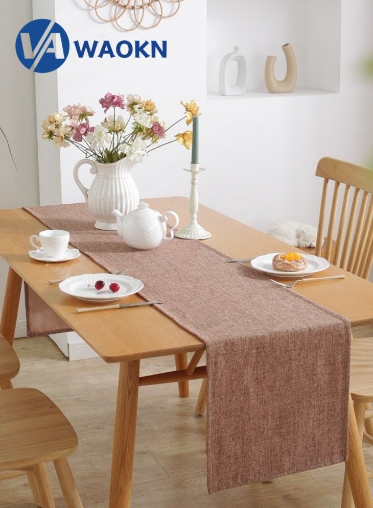 WAOKN Burlap Style Farmhouse Table Runner Rustic Woven Dining Table Runner for Everyday Use 33x228cm Brown  - Image 1
