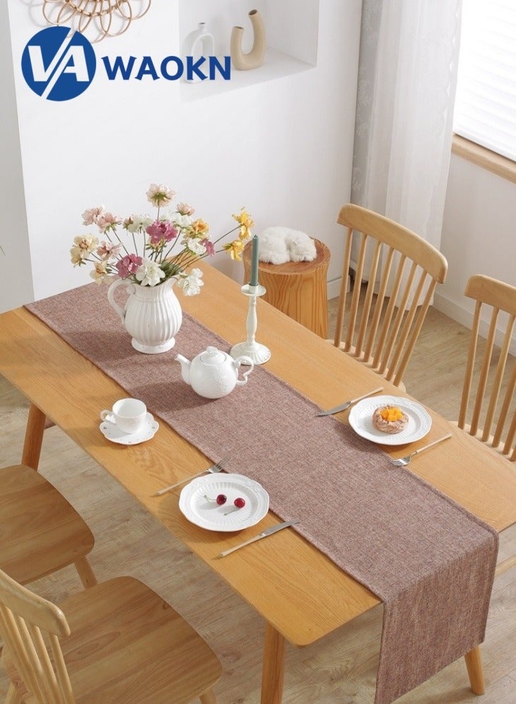WAOKN Burlap Style Farmhouse Table Runner Rustic Woven Dining Table Runner for Everyday Use 33x228cm Brown  - Image 2