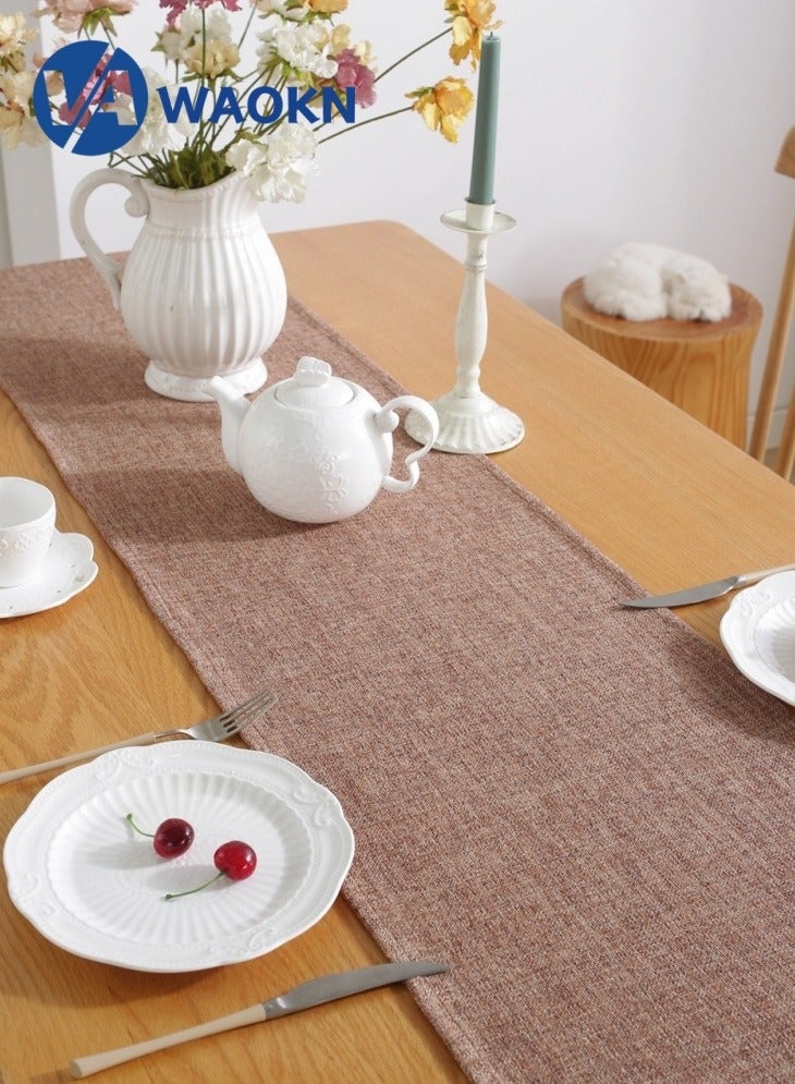 WAOKN Burlap Style Farmhouse Table Runner Rustic Woven Dining Table Runner for Everyday Use 33x228cm Brown  - Image 3