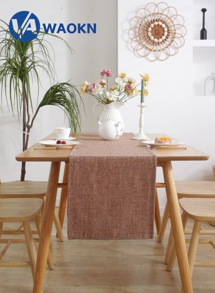 WAOKN Burlap Style Farmhouse Table Runner Rustic Woven Dining Table Runner for Everyday Use 33x228cm Brown  - Image 4