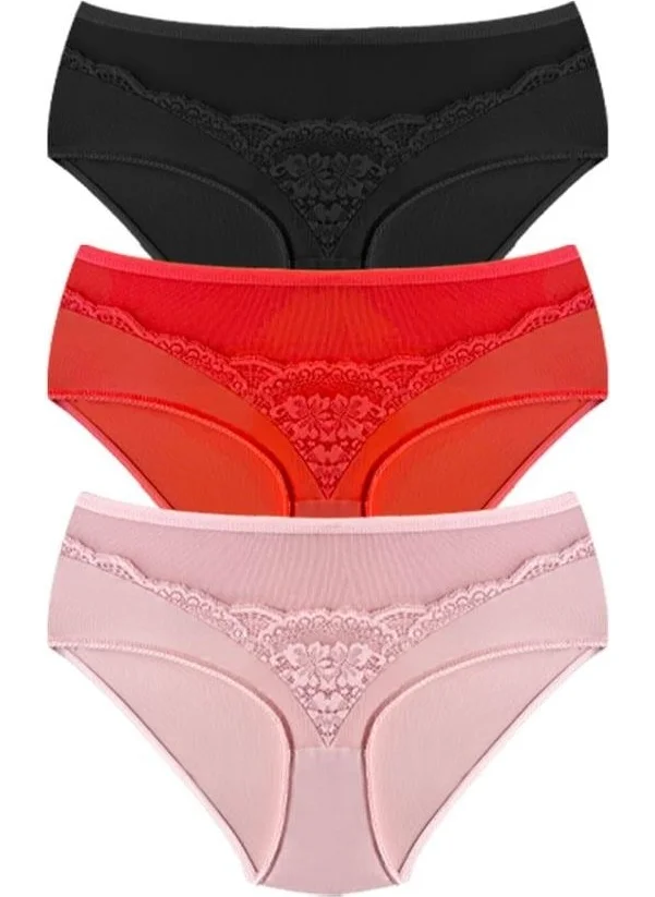 COTTONHILL Transparent Tulle Lace Detail Elastic Waist Plus Size Women's Bikini Panties 3-Pack