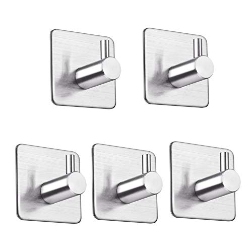 LOOGI Adhesive Hooks, Door Hooks Heavy Duty Towel Hooks Stick on Wall Waterproof Stainless Steel Robe Hanger for Hanging Bathroom Kitchen Home 5 Pack - Image 1