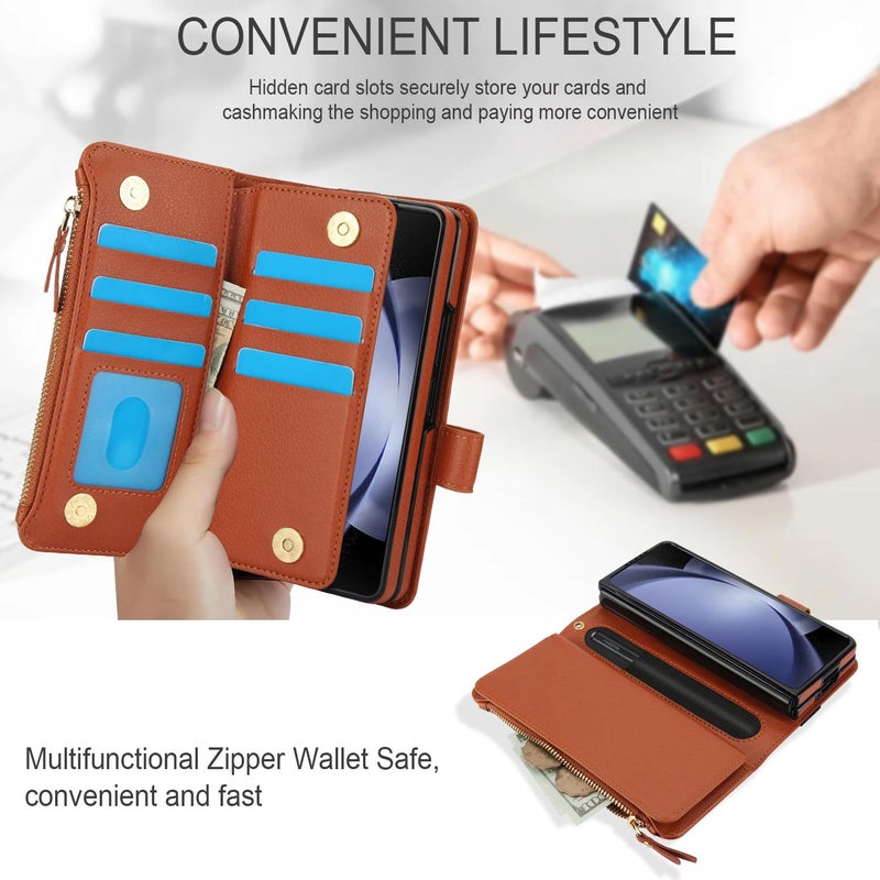 erorex For Samsung Galaxy Z Fold7 Solid Color Wristband Wallet Folding Leather Phone Case with Lanyard(Brown) - Image 5
