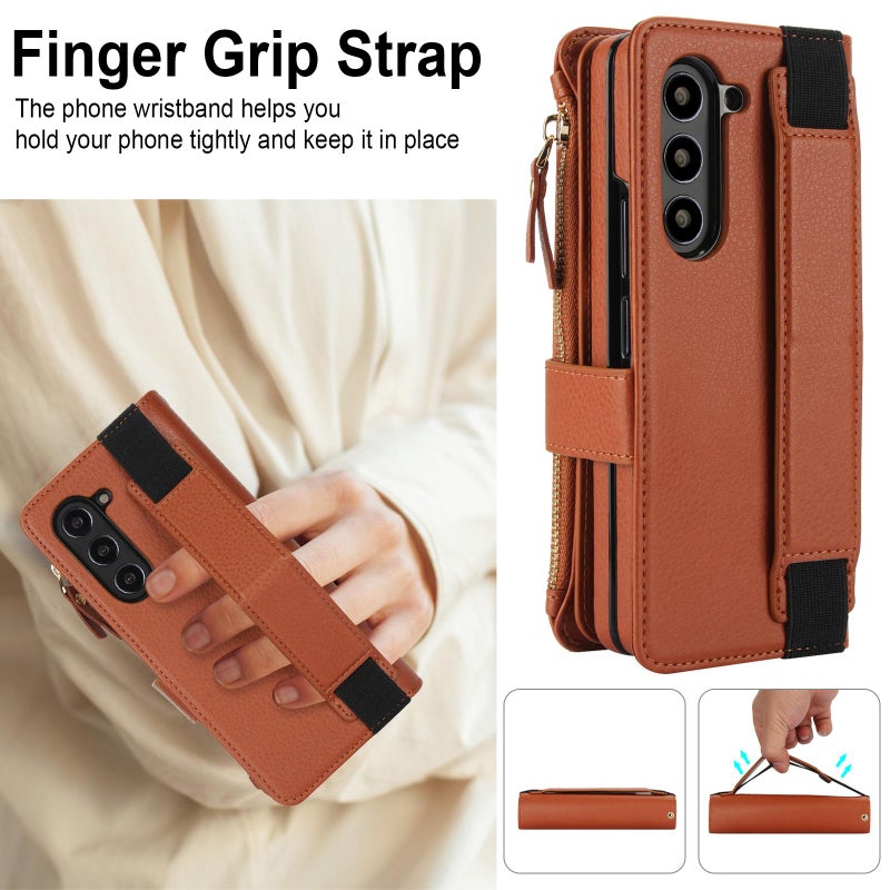 erorex For Samsung Galaxy Z Fold7 Solid Color Wristband Wallet Folding Leather Phone Case with Lanyard(Brown) - Image 2