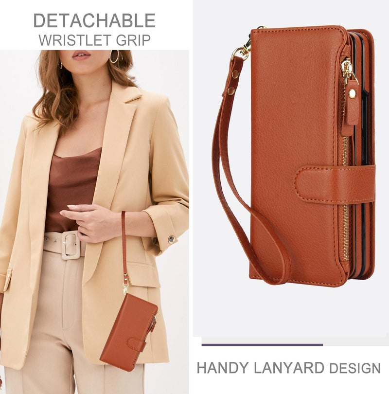 erorex For Samsung Galaxy Z Fold7 Solid Color Wristband Wallet Folding Leather Phone Case with Lanyard(Brown) - Image 3