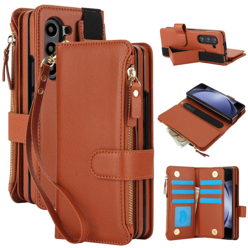 erorex For Samsung Galaxy Z Fold7 Solid Color Wristband Wallet Folding Leather Phone Case with Lanyard(Brown) - Image 1
