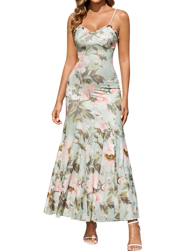 EYNMIN Floral Maxi Dress Lace Spaghetti Strap Flowy Ruffle Long Sundress 2026 Spring Summer Wedding Guest Dresses for Women - Image 1