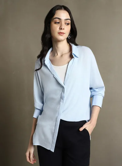 دينيس لينغو Women's Light Blue 100% Rayon Solid Oversized Shirt