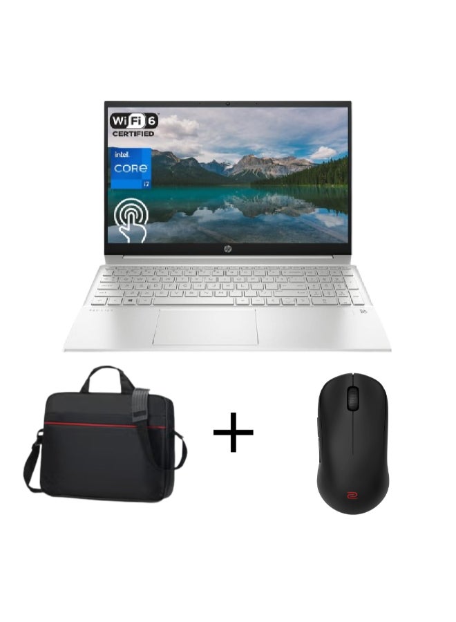 HP كمبيوتر محمول Pavilion 15-EG3053 بشاشة مقاس 15.6 بوصة ومعالج Core i5-1335U وذاكرة وصول عشوائي 16 جيجابايت ومحرك أقراص SSD سعة 512 جيجابايت وبطاقة رسومات Intel Iris XE ونظام تشغيل Windows 11 + مع حقيبة وفأرة - Image 1
