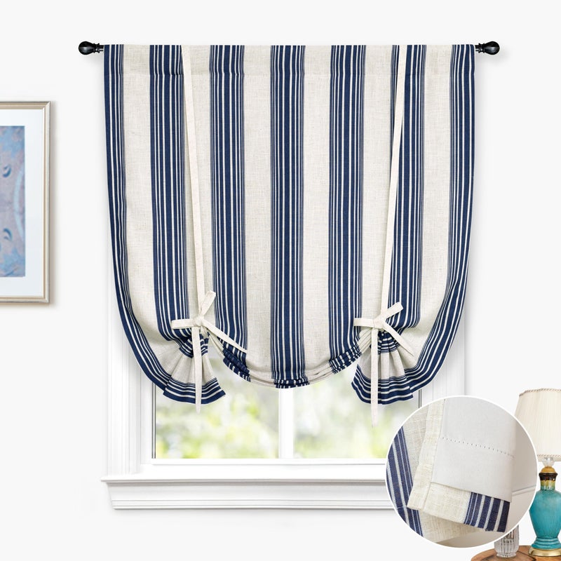 DriftAway Chris Double Layer Linen Blackout Tie Up Curtains Thermal Insulated Fully Lined Vertical Striped Balloon Roman Shade Bathroom Window Adjustable Rod Pocket 45 Inch by 63 Inch Ivory Dark Blue - Image 1