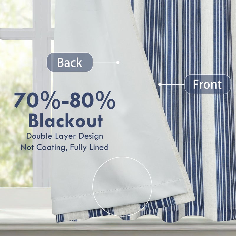 DriftAway Chris Double Layer Linen Blackout Tie Up Curtains Thermal Insulated Fully Lined Vertical Striped Balloon Roman Shade Bathroom Window Adjustable Rod Pocket 45 Inch by 63 Inch Ivory Dark Blue - Image 2