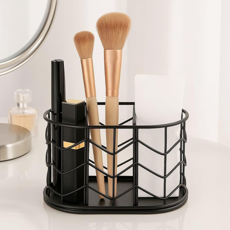 CentraLit Pen Holder Metal Drawer Desk Organiser with 3 Compartments, Chevron Pattern,Home decor Office Table Organiser For Desk, Kids Table - Makeup Brush Holder Accessory, Toothbrush Holder (Black) - Image 1