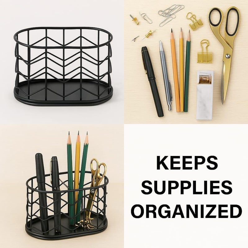 CentraLit Pen Holder Metal Drawer Desk Organiser with 3 Compartments, Chevron Pattern,Home decor Office Table Organiser For Desk, Kids Table - Makeup Brush Holder Accessory, Toothbrush Holder (Black) - Image 3