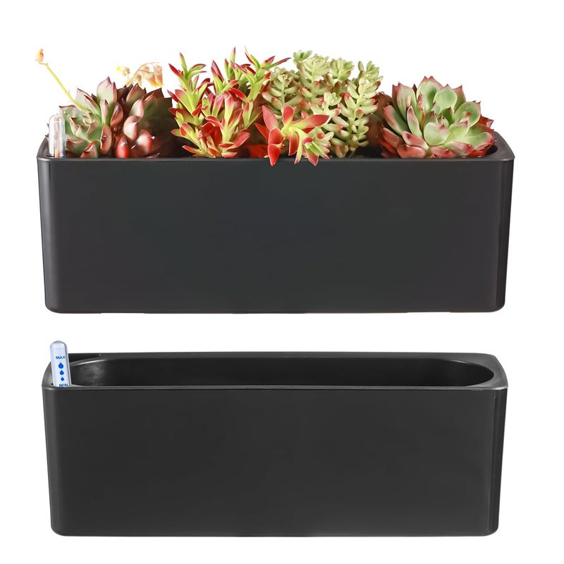 2 Pack Rectangular Self Watering Planter 156 x 54 in Window Sill Planters Indoor Rectangle Planter Self Watering Pots Plastic Plant pots with Drainage Holes Black Flower Pot Black